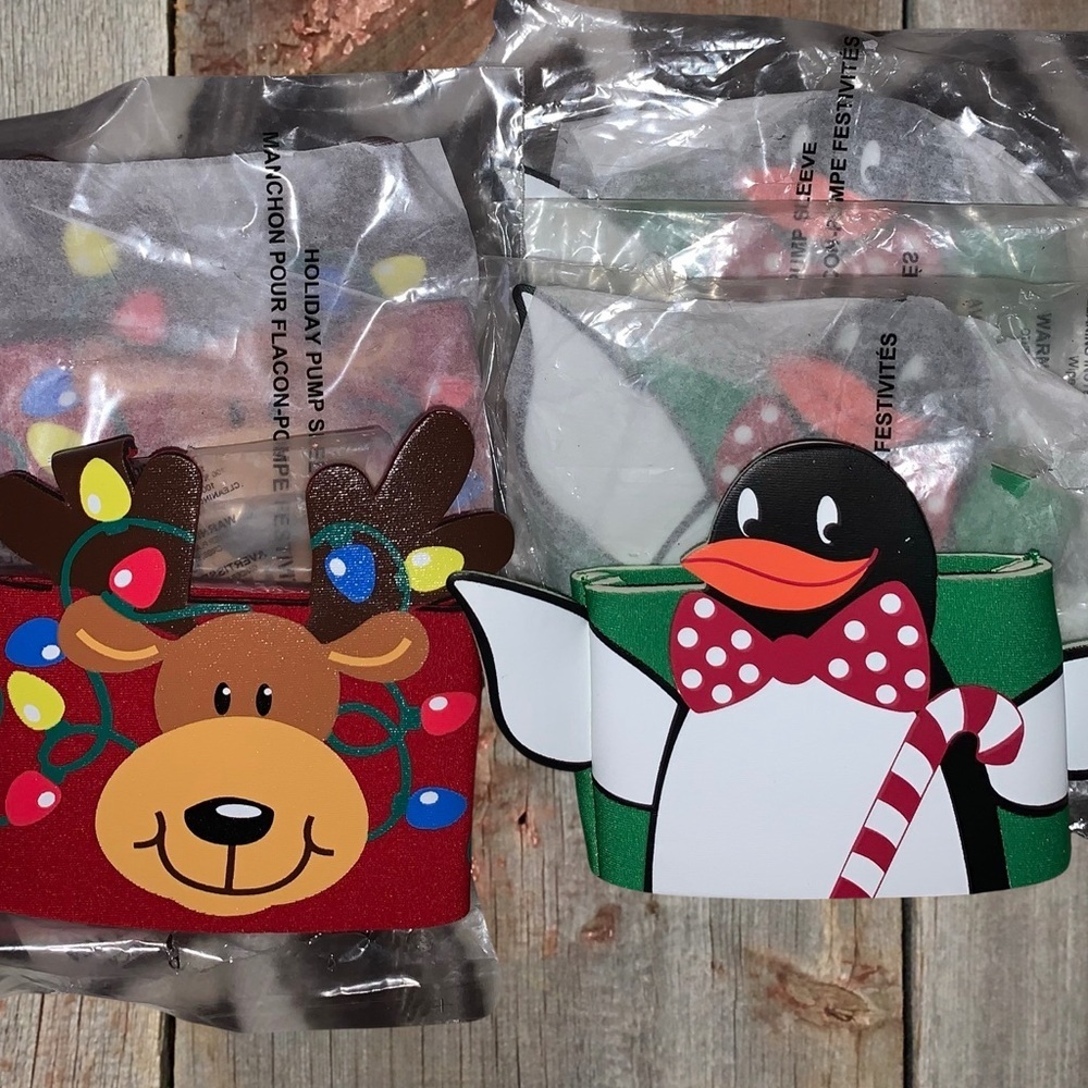 Avon Penguin & Reindeer Holiday Soap Pump Sleeve Covers Set of five.